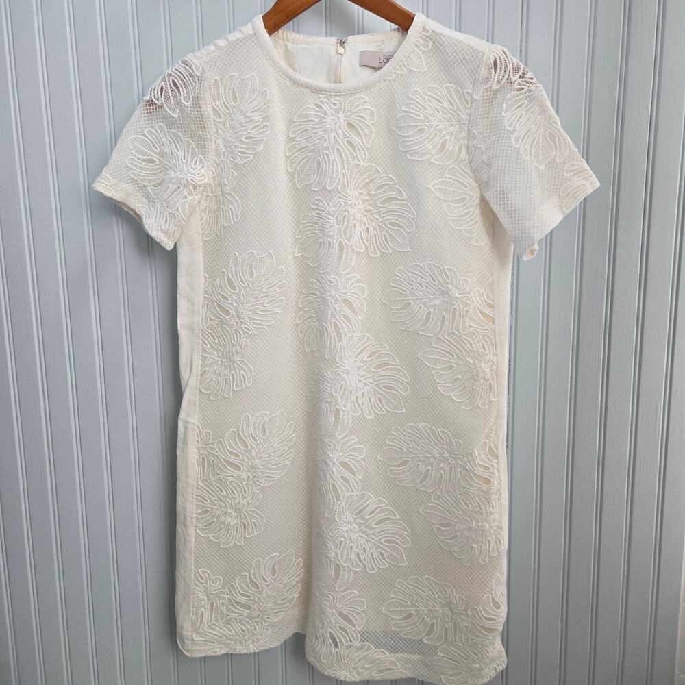 Ann Taylor Loft White Monstera Tropical Leaf Lace Stitched Shift Dress
